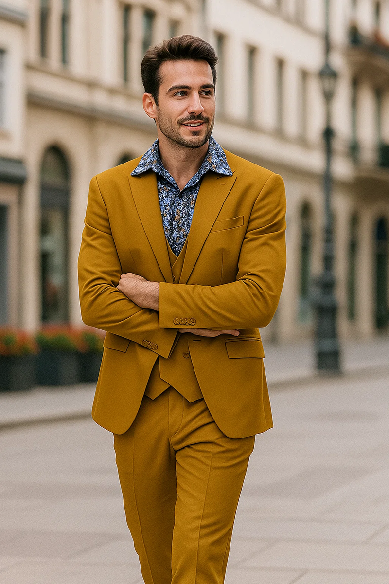 Gold men's suit with double-breasted vest, two-button peak lapel, and straight-cut trousers. Tailored fit, matte finish.
