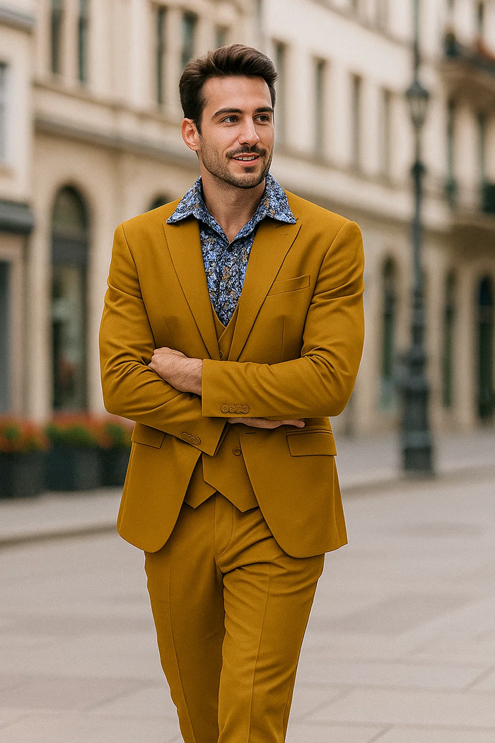 Gold men's suit with double-breasted vest, two-button peak lapel, and straight-cut trousers. Tailored fit, matte finish.

