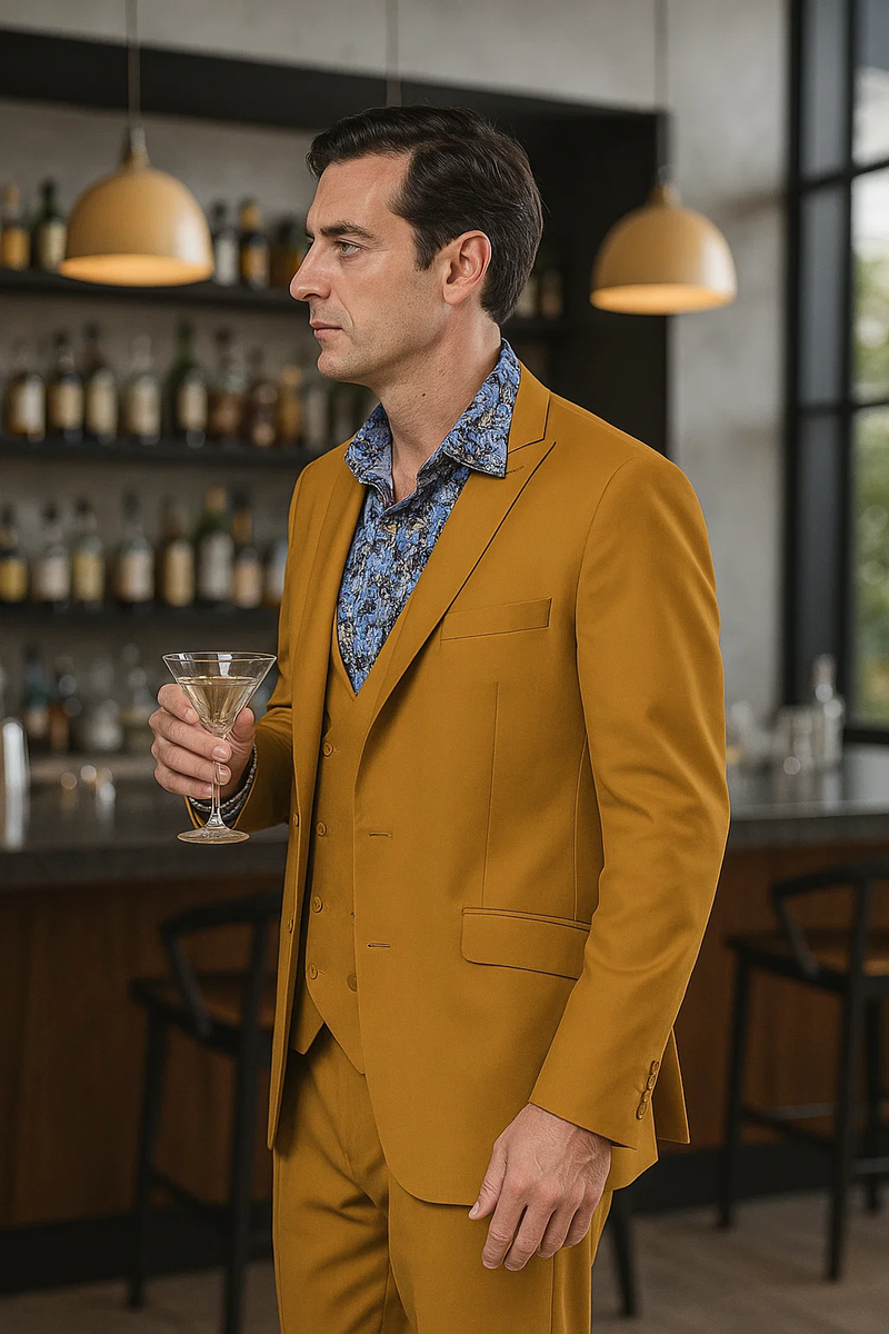 Gold men's suit: double-breasted vest, 2-button peak lapel. Smooth, solid gold fabric with a tailored fit. Classic and elegant formal wear.