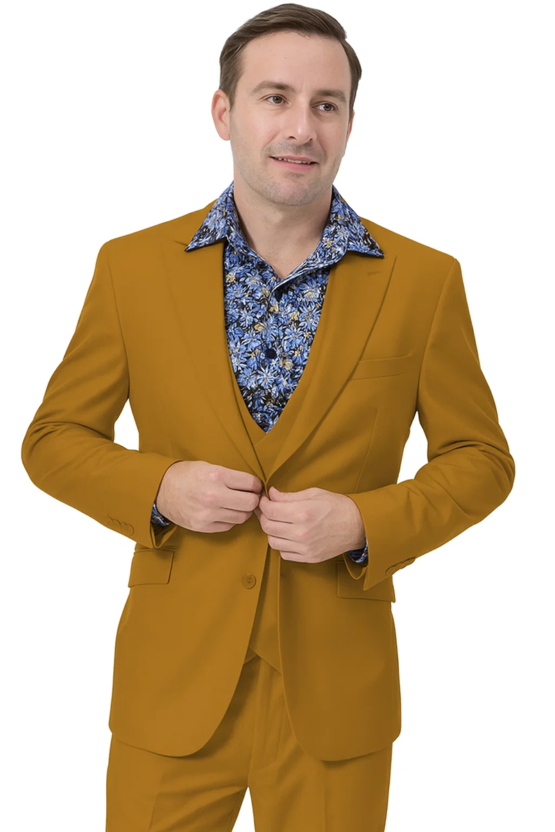 Gold men's suit: double-breasted vest (2 buttons, peak lapel). Smooth fabric. Fitted jacket with structured shoulders and single pocket. Classic, elegant design.
