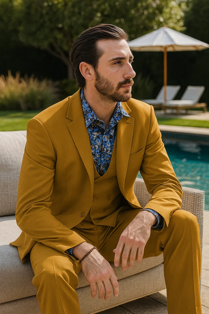 Gold men's suit with double-breasted vest and two-button peak lapel. Fitted design with a solid gold hue. Includes matching vest and tailored pants, paired with a patterned blue shirt.
