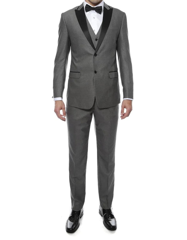 Gray and Black Suit - Mens 2 Button Sharkskin Tuxedo with Satin Shawl in Silver