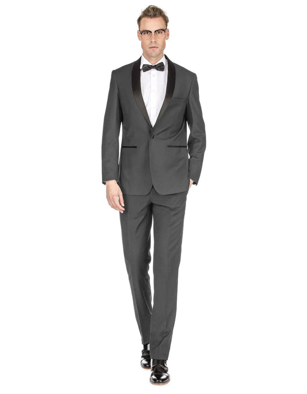 Gray and Black Suit - Mens Prom | Wedding Slim Fit Shawl Tuxedo Charcoal Grey - Slim Fit