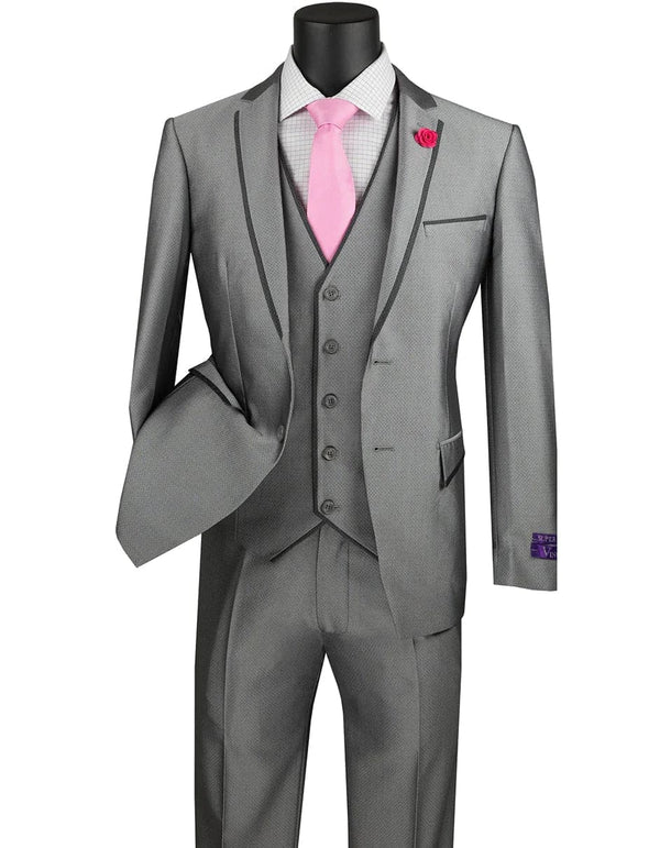 Gray and Black Suit - Mens Ultra Slim Fit Sharkskin Tuxedo with Satin Trim in Grey - Two Button notch lapel jacket