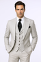 Grey wool three-piece suit: classic fit, pleated, wide-leg trousers. One-button jacket, fitted waistcoat. 100% wool.