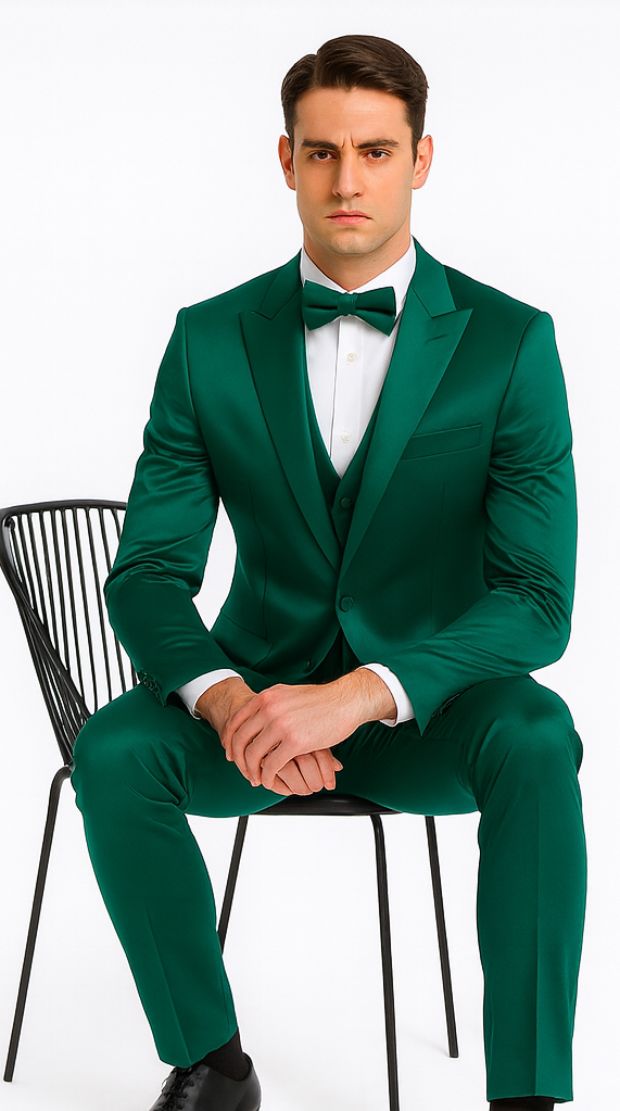 Tazzio men's green satin three-piece suit. Slim-fit with peak lapel, double-breasted vest, and structured shoulders. Includes jacket, vest, and trousers, paired with a white shirt. Features a glossy, tailored finish.
