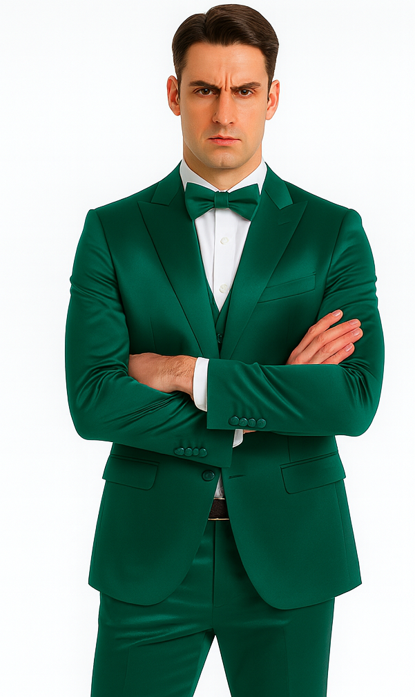 Green satin 3-piece slim fit men's suit. Peak lapel, double-breasted vest. Includes tailored jacket, pants, and vest. Vibrant green color. Structured jacket, smooth finish. White shirt contrasts.