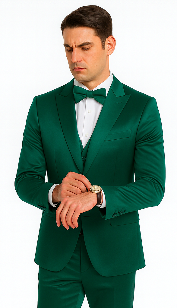 Green satin 3-piece slim fit suit. Peak lapel, double-breasted vest. Solid green color, tailored silhouette. Jacket with single breast pocket, fitted sleeves.