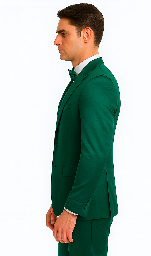 Green satin slim-fit three-piece suit. Peak lapel jacket, single-breasted, with button detail & side pocket. Includes double-breasted vest & tailored pants. Glossy satin finish.
