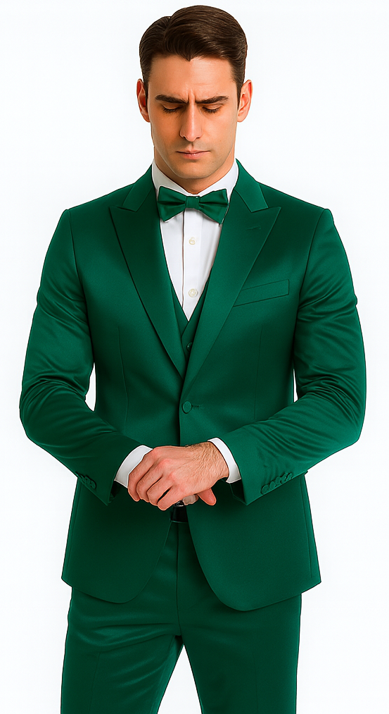 Green satin three-piece men's suit. Slim fit, peak lapel blazer, double-breasted vest. Smooth, glossy finish.
