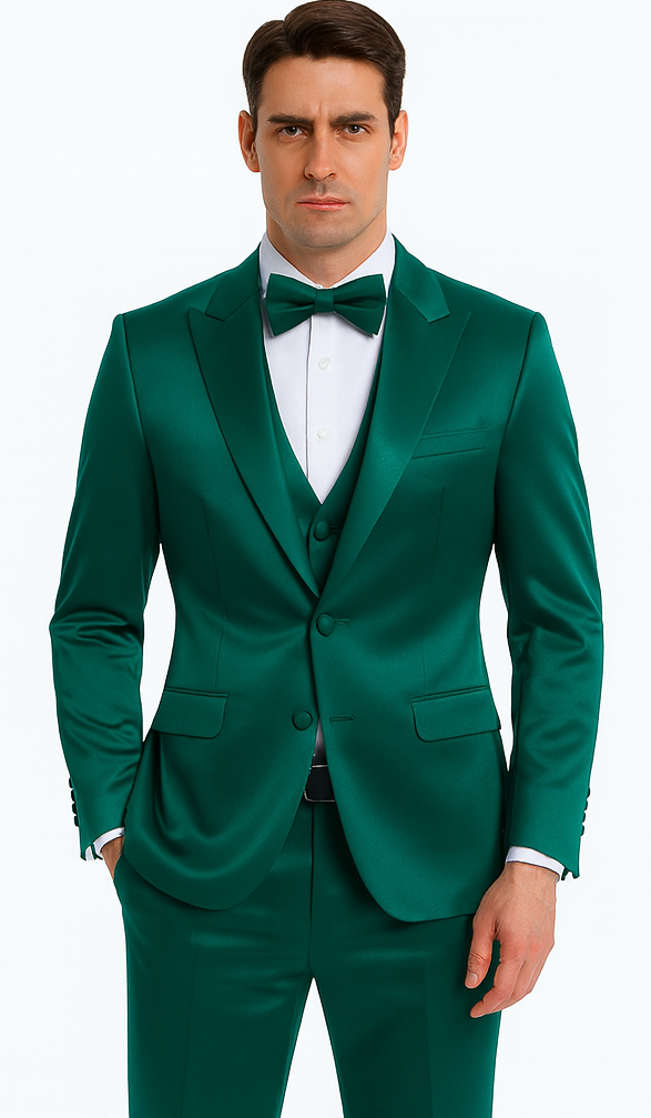 Tazzio men's green satin three-piece suit. Slim fit with peak lapel, double-breasted vest, fitted jacket, and slim trousers.
