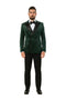 Alberto Nardoni green velvet tuxedo jacket. Double-breasted, structured silhouette. Black satin lapel, two pockets. Plush texture, tailored waist.
