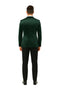 Green velvet double-breasted tuxedo jacket. Tailored fit, structured shoulders, smooth silhouette. Rich green velvet for a luxurious look. Peak lapel, classic design. Sleek, unembellished back for formality.
