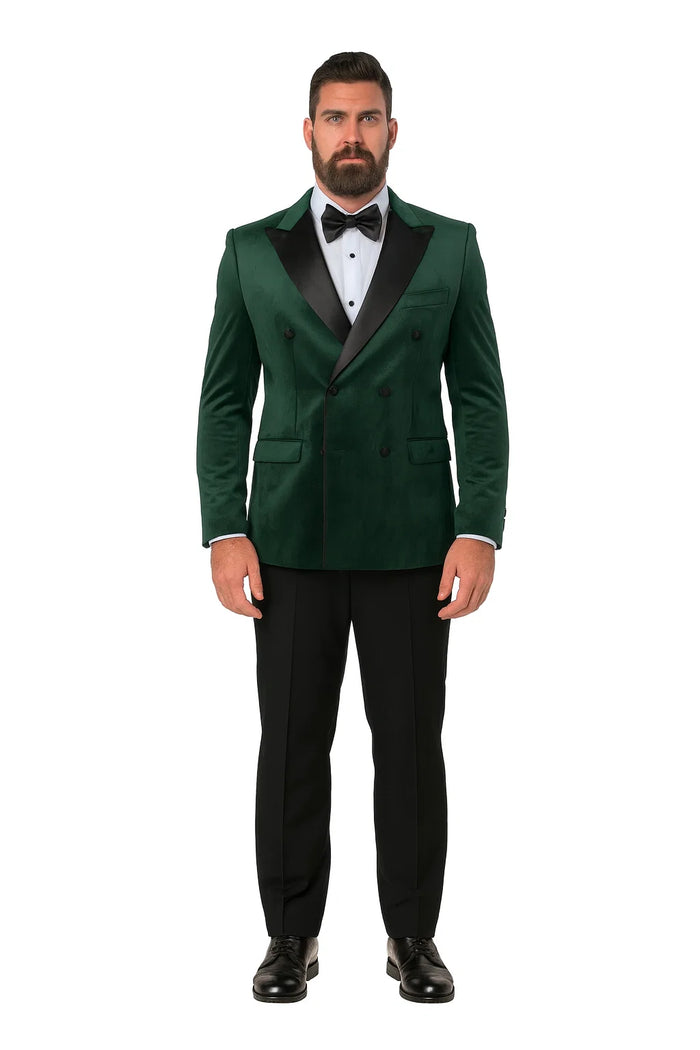 Green velvet double-breasted tuxedo jacket. Peaked lapel, two-row button closure. Soft texture, black satin lapel details. Elegant and refined.
