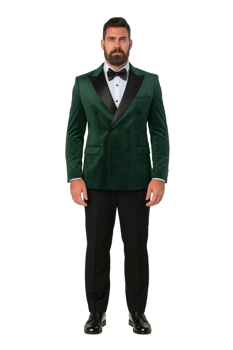 Green velvet double-breasted tuxedo jacket. Peaked lapel, two-row button closure. Soft texture, black satin lapel details. Elegant and refined.
