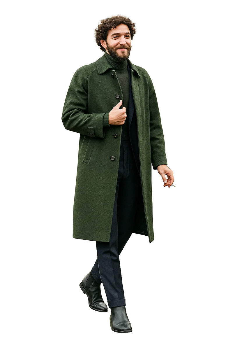Men's olive wool overcoat with straight silhouette, button closure, and collar. Solid olive color, mid-thigh length. Paired with dark trousers, ankle boots. Business casual style.
