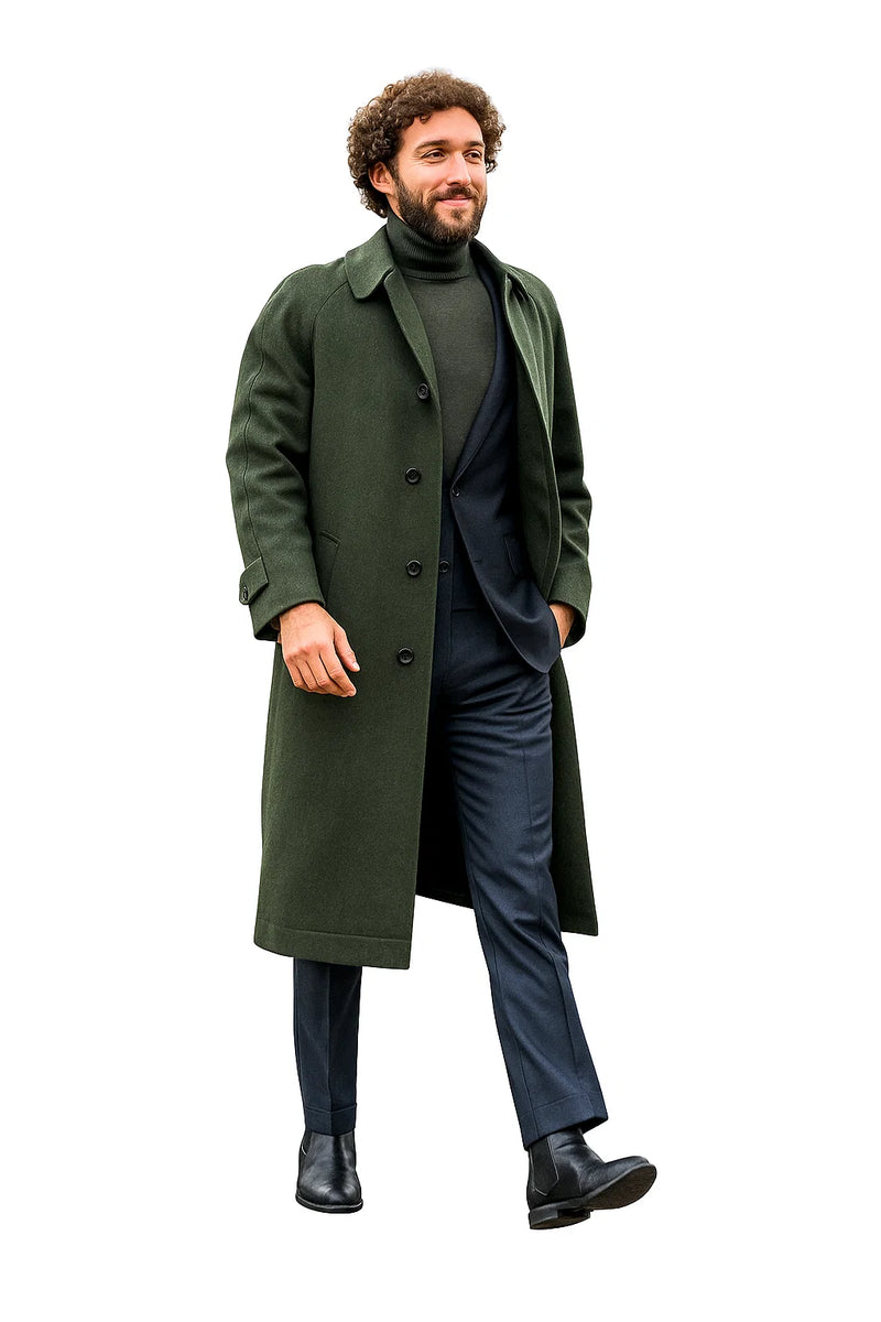 Men's olive wool overcoat: long, straight cut, collar, button closure, side pockets. Paired with dark turtleneck and tailored trousers. Classic style.
