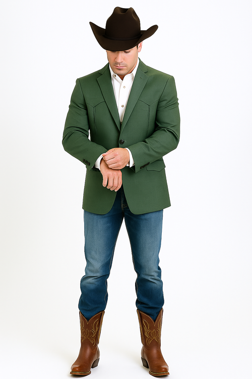 Green men's western blazer. Double-button, tailored fit with structured shoulders and front yoke detailing. Smooth fabric with sheen. Features flap pockets, breast pocket, and buttoned cuffs.
