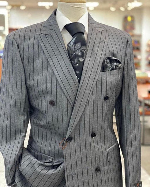 Grey Black Lined Double Breasted Suit - Mens Wholesale Suit