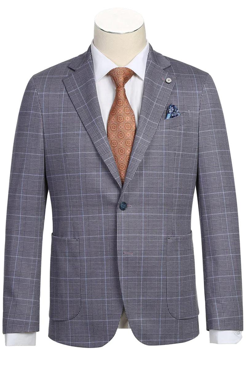 Men's grey-blue windowpane sport coat. Half-canvas, unconstructed fit. Two-button, notch lapels, dual pockets. Grid pattern in grey and blue. Structured, relaxed style.
