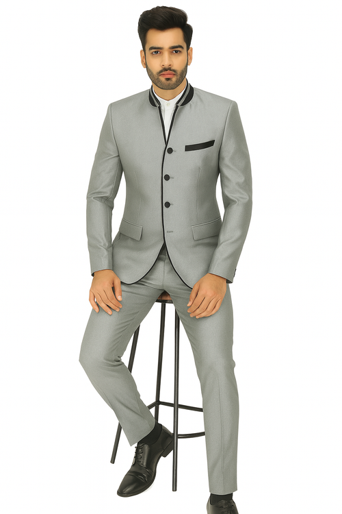 Mens 4 button Mandarin Tuxedo in Sharkskin Silver Grey with Black Trim