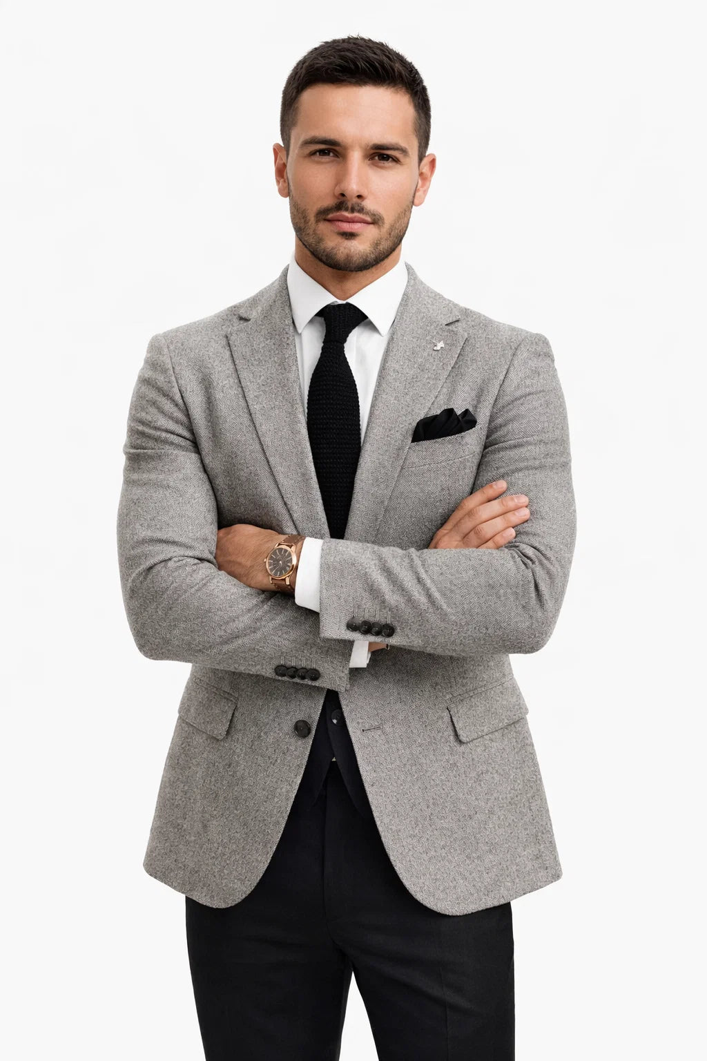 Satin Peak Lapel - Slim Fit Suit - Grey Suit Jacket Black Pants