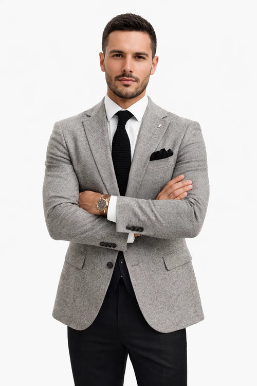 Satin Peak Lapel - Slim Fit Suit - Grey Suit Jacket Black Pants