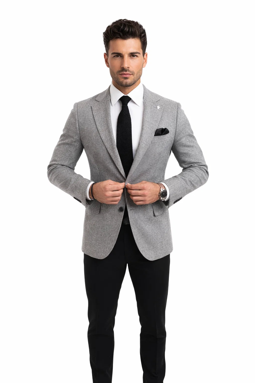 Satin Peak Lapel - Slim Fit Suit - Grey Suit Jacket Black Pants