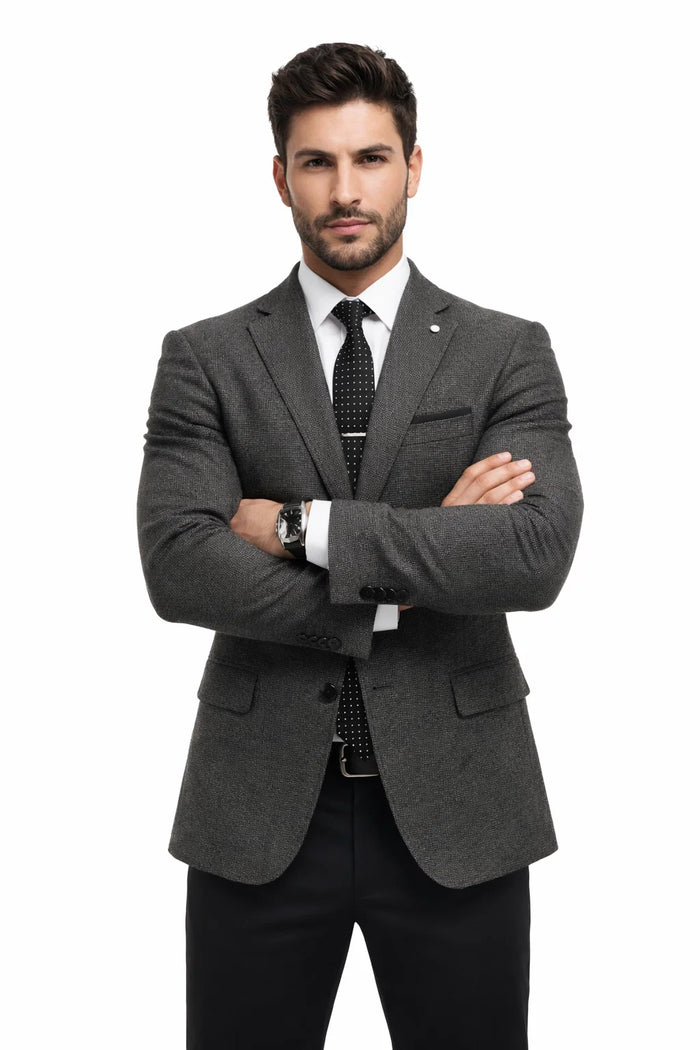 Grey Suit Jacket Black Pants - Satin Peak Lapel - Two Button Closure Suit