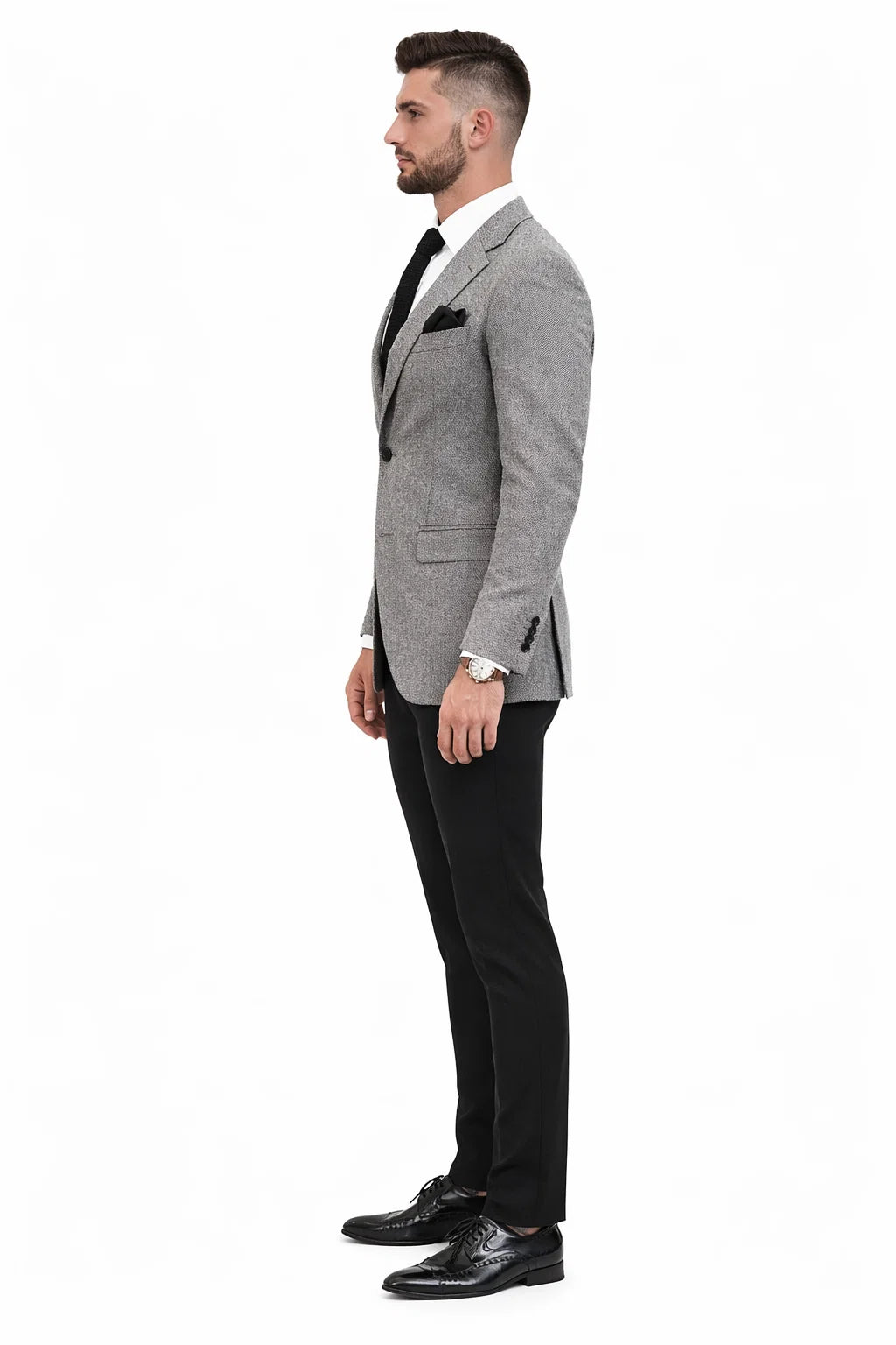 Satin Peak Lapel - Slim Fit Suit - Grey Suit Jacket Black Pants