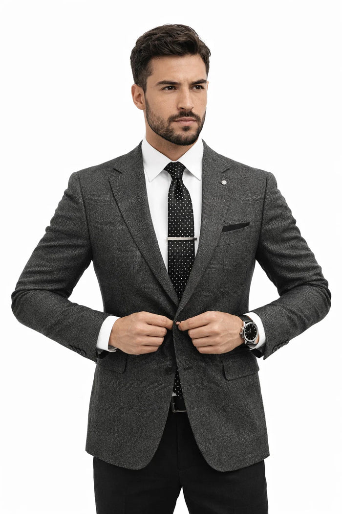 Grey Suit Jacket Black Pants - Satin Peak Lapel - Two Button Closure Suit