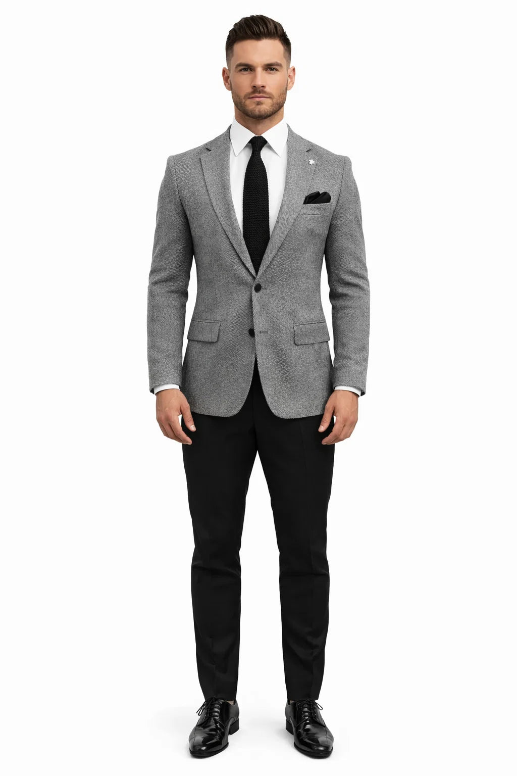Satin Peak Lapel - Slim Fit Suit - Grey Suit Jacket Black Pants