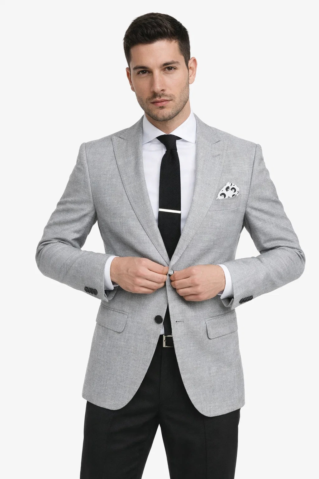 Men’s Gray 2-Piece Slim Fit Suit – Satin Peak Lapel Jacket + Pants Combination