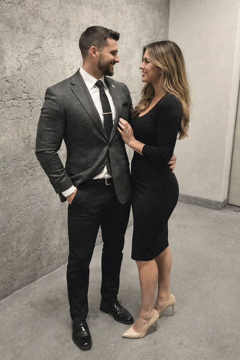 Grey Suit Jacket Black Pants - Satin Peak Lapel - Two Button Closure Suit