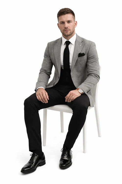 Satin Peak Lapel - Slim Fit Suit - Grey Suit Jacket Black Pants