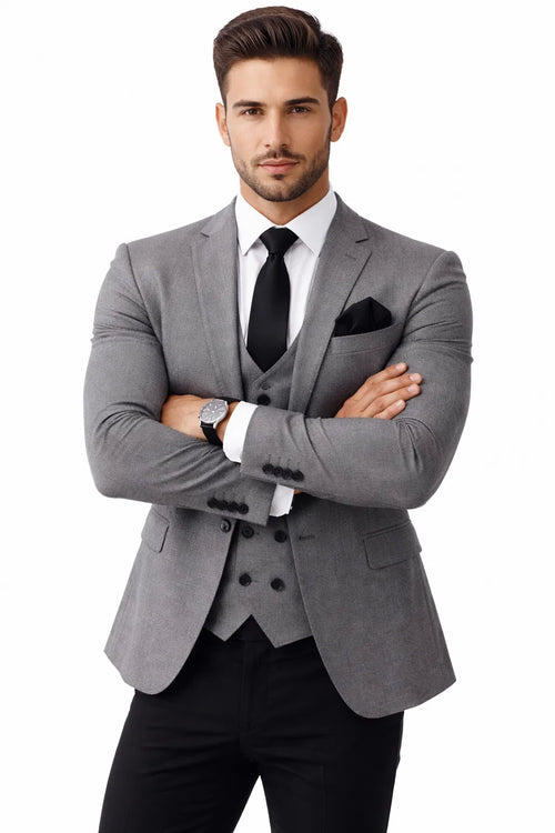 Men’s Grey Slim Fit 2-Piece Suit – Jacket + Pants Combination | Notch Lapel Formal Business Suit