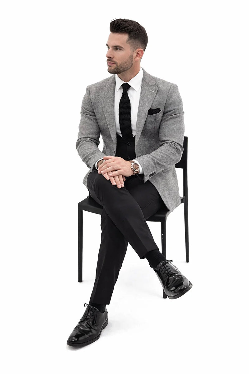 Satin Peak Lapel - Slim Fit Suit - Grey Suit Jacket Black Pants