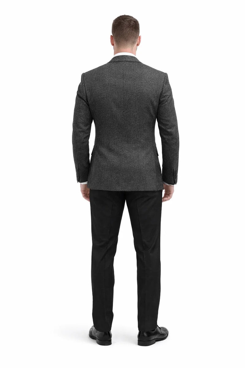 Grey Suit Jacket Black Pants - Satin Peak Lapel - Two Button Closure Suit