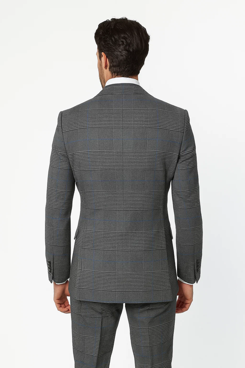 Gray checkered suit: classic fit jacket (wool, structured shoulders, two-button front) and matching wide-leg pleated pants (high waist, relaxed fit, wool). Tailored silhouette. Single vent.
