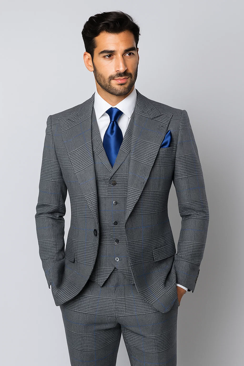 Gray, 100% wool classic fit suit with blue check. Includes peaked lapel jacket, vest & baggy, pleated trousers. Wide leg design.