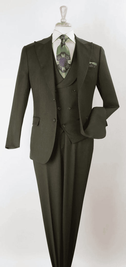 Big and Tall Business - Large Men's Solid Olive Vested Suits