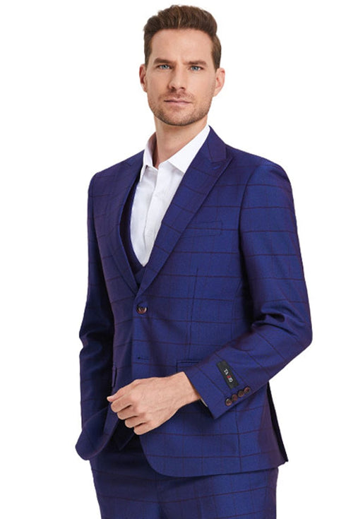 "Sharkskin Suit Men's - Indigo Blue Windowpane Plaid, Two Button Vested Peak Lapel"