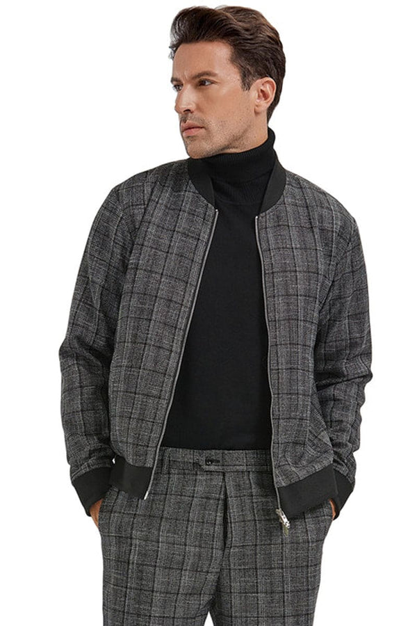 "Black Plaid Men's Casual Walking Track Suit Set - Jacket & Pant"