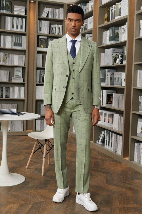 "Mens Stacy Adams Suit -Stacy Adams  Suit Men's Sage Green Windowpane Plaid Vested Suit"