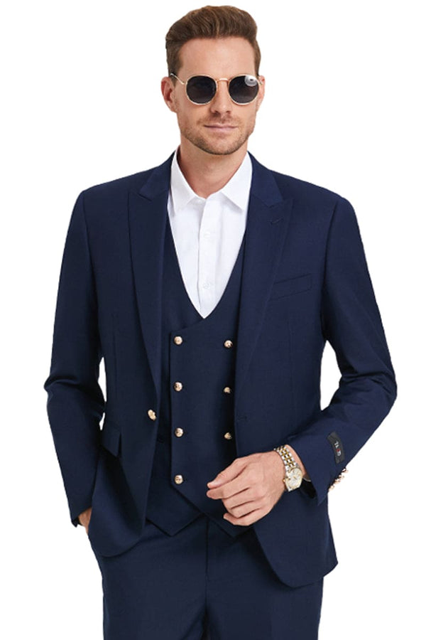 "Navy Men's Vested Suit with Gold Buttons - One Button Peak Lapel"