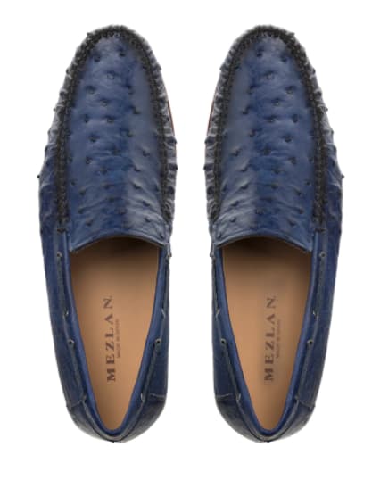 Mezlan Genuine Ostrich Moccasin Slip-On – Jeans Blue Exotic Leather Loafers Made in Spain