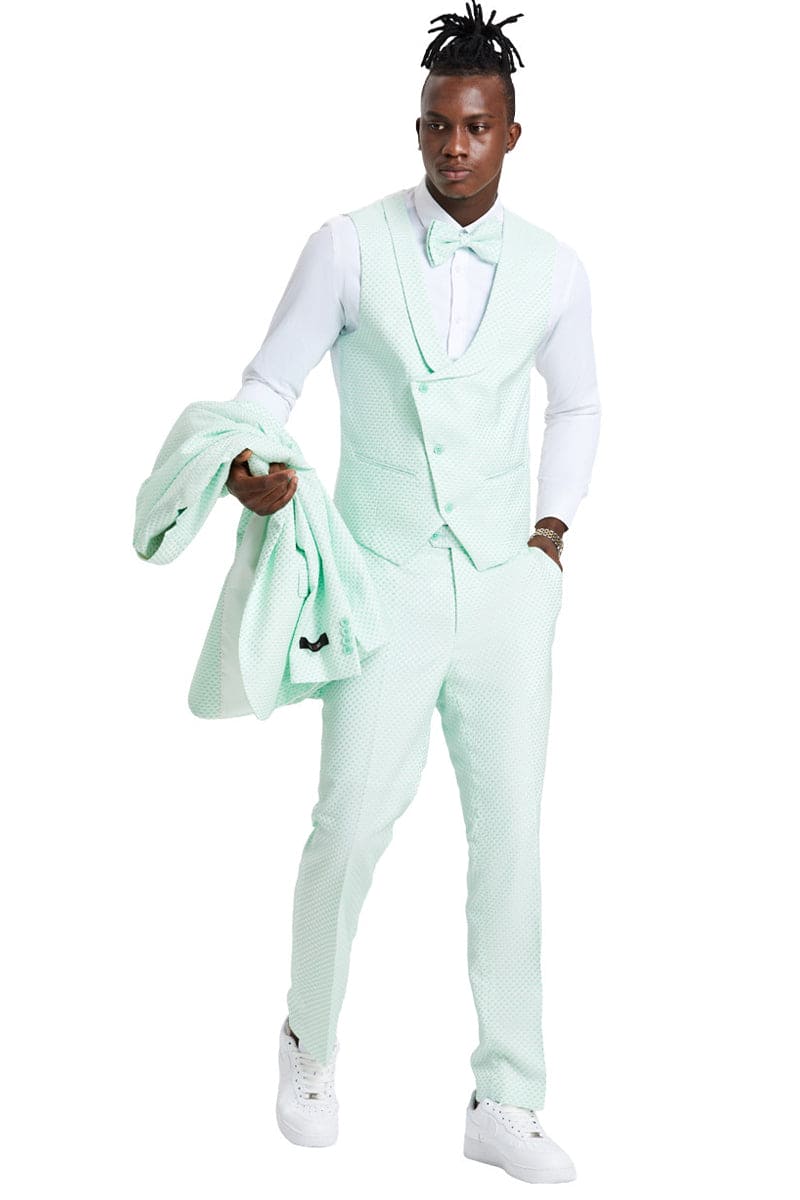 "Men's Mint Green Polka Dot Prom 2026 & Wedding Suit - One Button Double Breasted Vest"