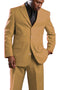 The elegant men's tan poplin dress suit by Alberto Nardoni features a structured two-button blazer with notch lapels and two front pockets. The matching trousers have a straight leg cut, and the suit is constructed from a lightweight poplin fabric, displaying a solid tan color throughout.