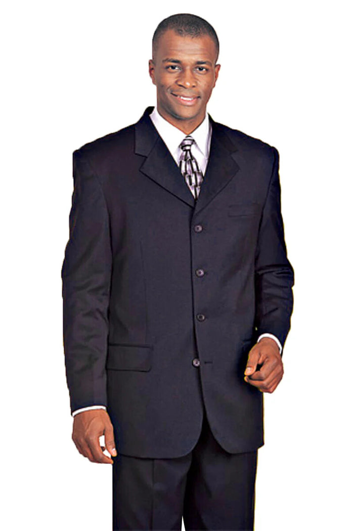 Men's dress suit made from 100% wool, featuring a navy color. It consists of a fitted jacket with wide lapels, two front flap pockets, and a single chest pocket, all with a smooth finish. The trousers match the jacket in color and material.