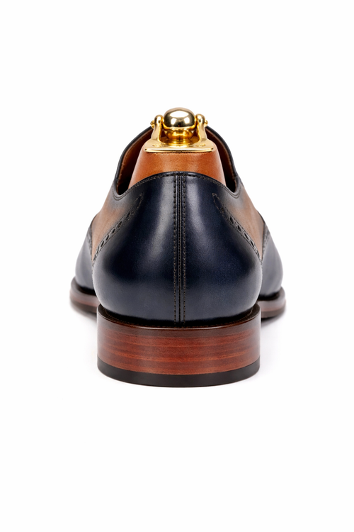 Mens Wholecut Two Tone Leather Wingtip Loafer Dress Shoes in Blue & Tan